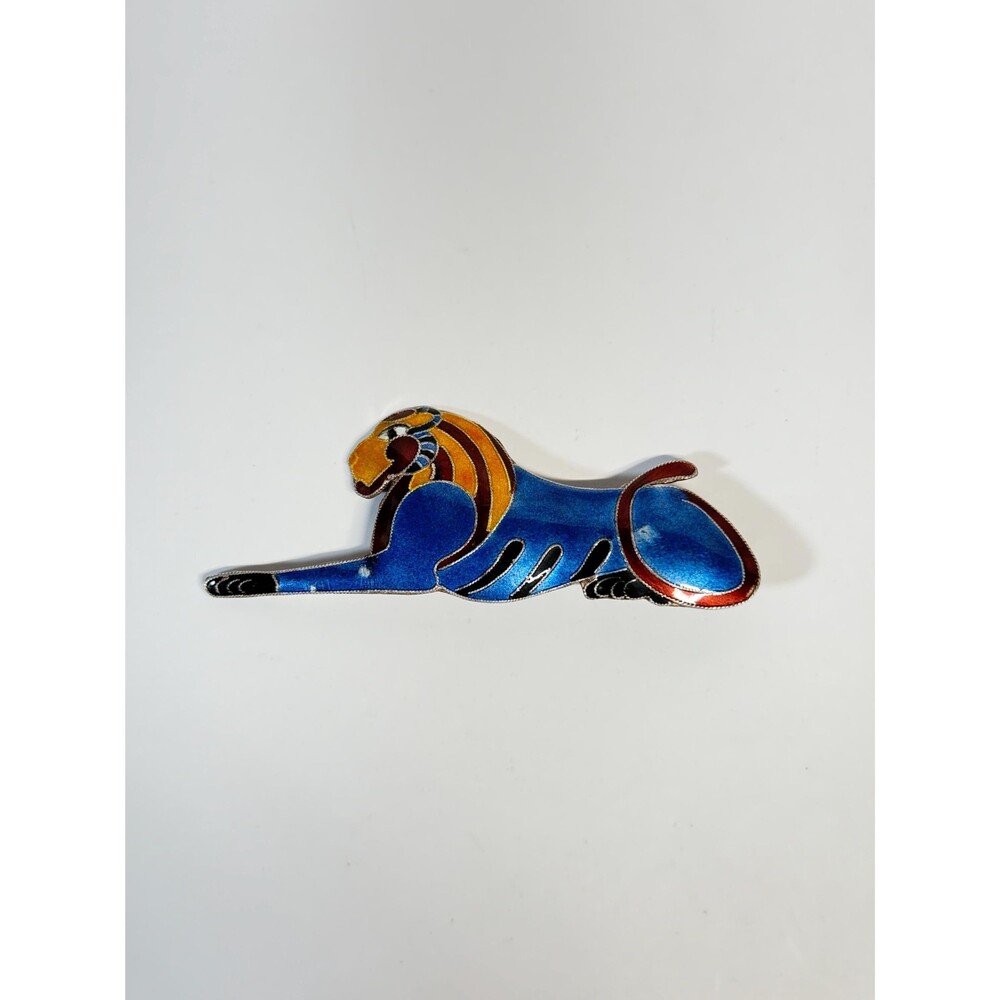 Vintage S925 Sterling Silver Cloisonne Enamel Lion Brooch Pin